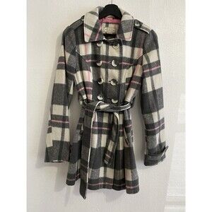 Arizona Co Plaid Women’s Pea Coat S Pink Gray Tie Belt Coquette Lightweight